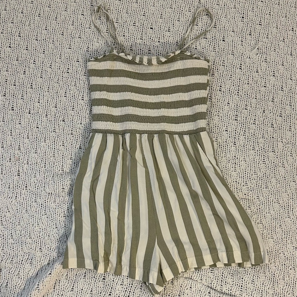 American Eagle Outfitters Olive and White Striped Romper